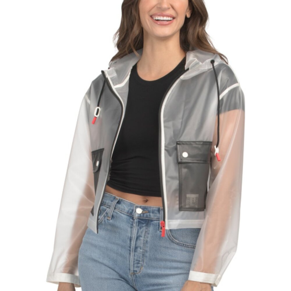 HUNTER Matte Transparent Cropped Hood Clear Rain Hoody Jacket Large 12 14